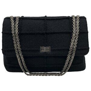 Chanel Vintage 1990's Black Wool Jumbo Flap Bag